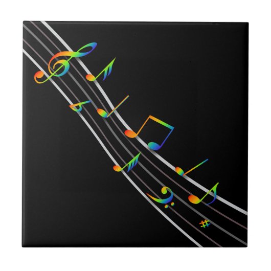 3D Rainbow Musical Notes-score op zwart Tegeltje (Voorkant)