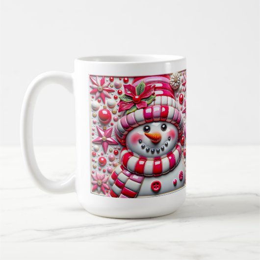 3D Red and Pink Christmas Snowman Koffiemok (Links)