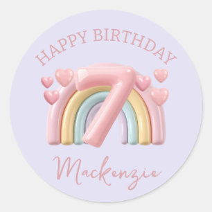 3D Regenboog 7e Verjaardag Meisje op Paars Ronde Sticker