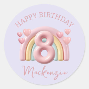 3D Regenboog 8e Verjaardag Meisje op Paars Ronde Sticker