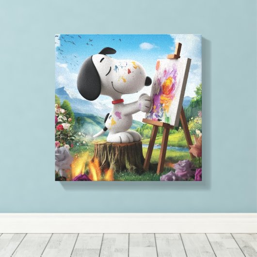 3D Render van een Schattigee Dog Artist Painting Canvas Afdruk (Insitu (Houten vloer))