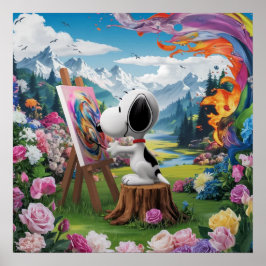 3D Render van een Schattigee Dog Artist Painting Poster