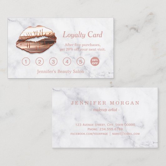 3D Roos Gold Lips Make-up Salon Marmeren Loyalitei Klantenkaartje (Voorkant / Achterkant)