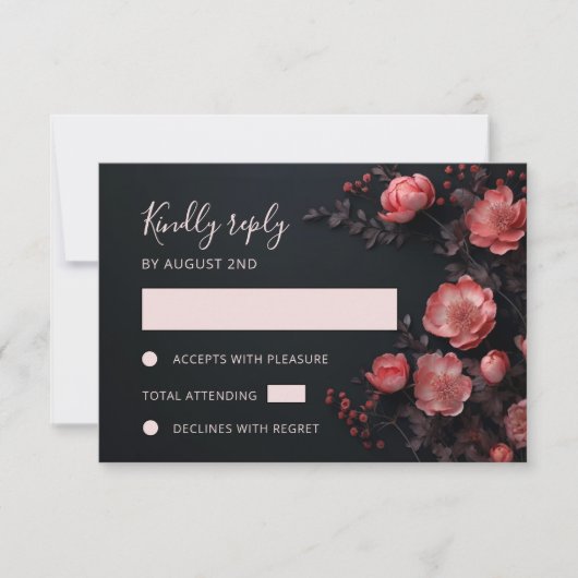 3D Roses Wildflowers Dark Wedding RSVP Kaartje (Voorkant)
