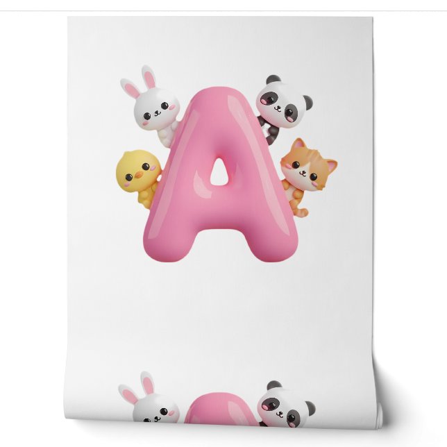 3D Roze Ballon Letter A Bosdieren Behang (Afrollen)