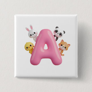 3D Roze Ballon Letter A Bosdieren Vierkante Knop Button 5,1 Cm