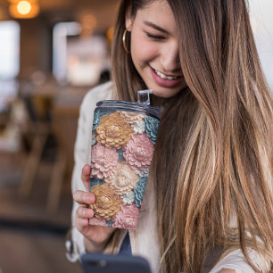 3D Roze en Blauw botanische Bloemen Thermosbeker