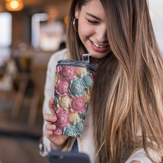 3D Roze en Blauwe Bloemen Thermosbeker