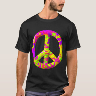 3D roze geel psychedelisch Vredessymbool T-shirt