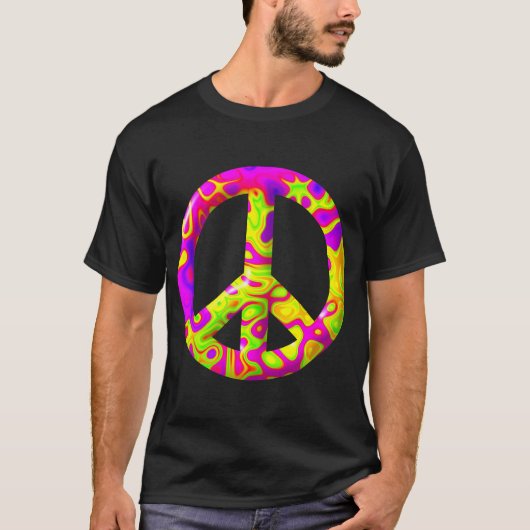 3D roze geel psychedelisch Vredessymbool T-shirt (Voorkant)