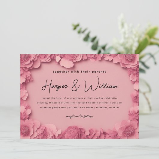 3D roze papier bloemen horizontale bruiloft Kaart (Staand voorkant)