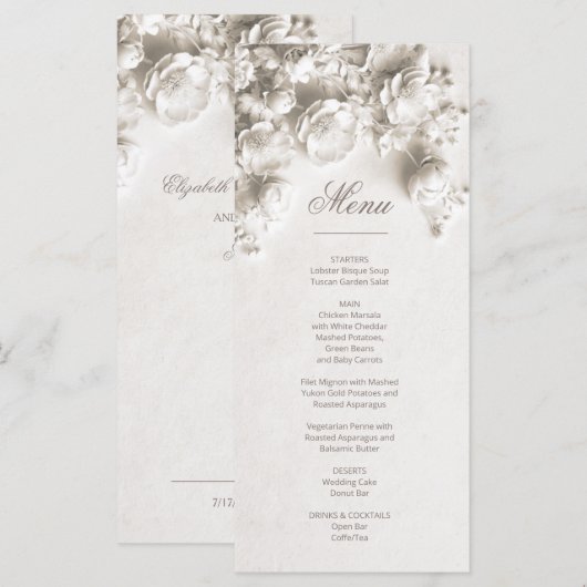 3D Rozen Ivoorkleurige Sculpturale Bloemen Menu (Voorkant / Achterkant)