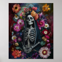 3D Santa Muerte met Kleurrijk Bloemen Poster