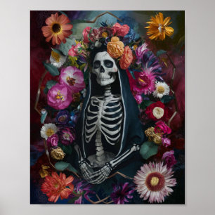 3D Santa Muerte met Kleurrijk Bloemen Poster