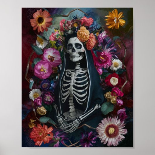 3D Santa Muerte met Kleurrijk Bloemen Poster (Voorkant)