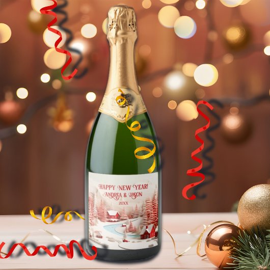 3D Scandinavisch winterlandschap Sparkling Wijnetiket