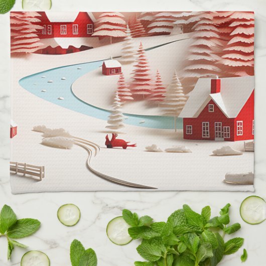 3D Scandinavisch winterlandschap Theedoek (Gevouwen)