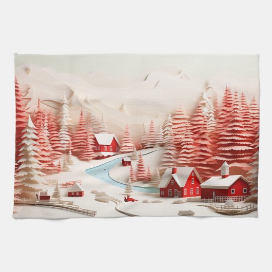 3D Scandinavisch winterlandschap Theedoek (Horizontaal)