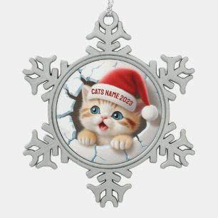 3D Schattige Kitten in het Pet van Santa voor Kers Tin Sneeuwvlok Ornament