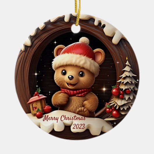 3D Schattige Teddybeer met Santa Hat Keramisch Ornament (Voorkant)