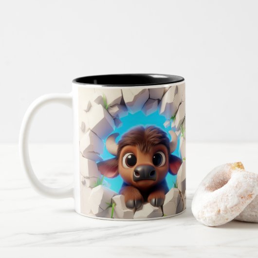 3D Schattigee Baby Buffalo Hot Cocoa Koffiedieren Tweekleurige Koffiemok (Met donut)