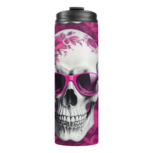 3D schedel met fuchsia bloemendesign & zonnebril Thermosbeker (Voorkant)