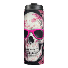 3D schedel met roze bloemmotief en zonnebril Thermosbeker