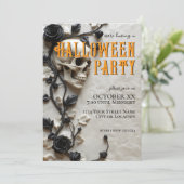 3D Schedel & Zwarte Rozen Halloweenfeest Kaart (Staand voorkant)