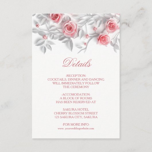 3D Sculptured Pink Roses White Informatiekaartje (Voorkant)