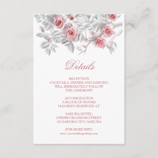 3D Sculptured Pink Roses White Informatiekaartje (Voorkant)