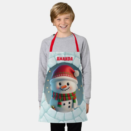 3D Sneeuwman Kerst Gepersonaliseerde Kinderen Schort (Gedragen)