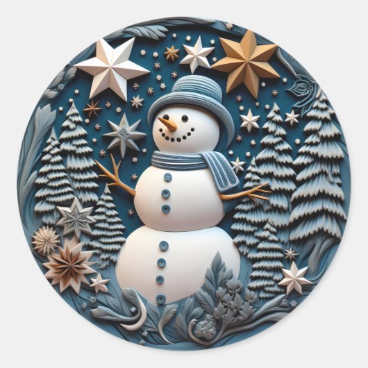3D Sneeuwman Kerstmis Ronde Sticker (Voorkant)