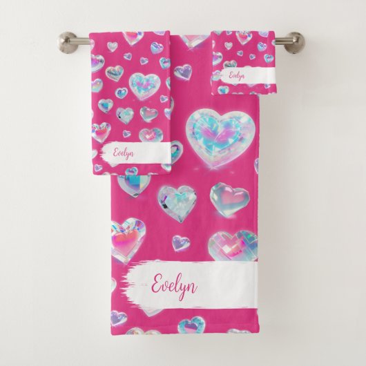 3D Sparkly Crystal Gemstone Harten op Roze Bad Handdoek (Insitu)