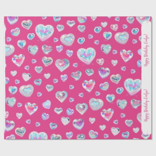 3D Sparkly Crystal Gemstone Harten op Roze Cadeaupapier (Vlak)