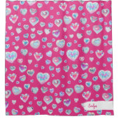  3D Sparkly Crystal Gemstone Harten op Roze Douchegordijn (Voorkant)