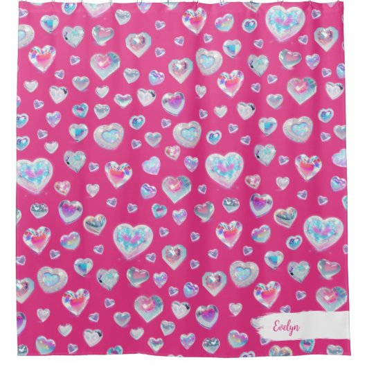  3D Sparkly Crystal Gemstone Harten op Roze Douchegordijn (Voorkant)