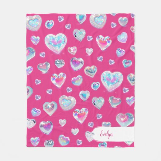3D Sparkly Crystal Gemstone Harten op Roze Fleece Deken (Voorkant)