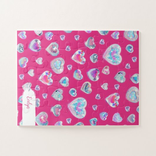 3D Sparkly Crystal Gemstone Harten op Roze Legpuzzel (Horizontaal)