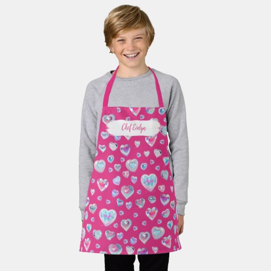 3D Sparkly Crystal Gemstone Harten op Roze Schort (Gedragen)