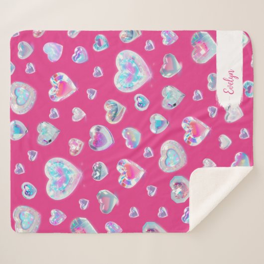 3D Sparkly Crystal Gemstone Harten op Roze Sherpa Deken (Voorkant (horizontaal))