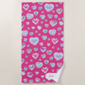  3D Sparkly Crystal Gemstone Harten op Roze Strandlaken (Voorkant)