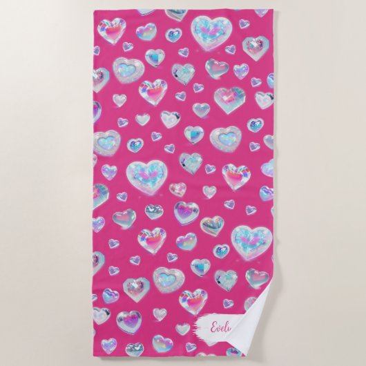  3D Sparkly Crystal Gemstone Harten op Roze Strandlaken (Voorkant)