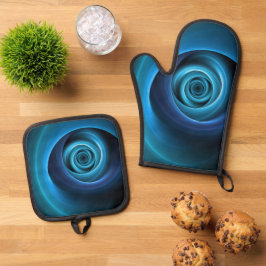 3D-spiraal blauwe kleuren moderne abstracte fracta Ovenwant & Pannenlap Set