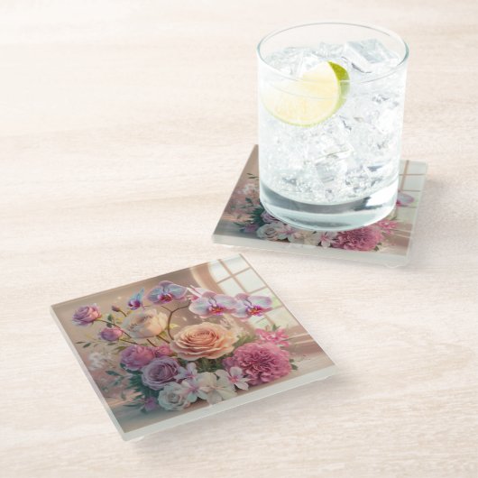 3D Spring Flowers Wenskaart met Rozen Glazen Onderzetter (Schuin)