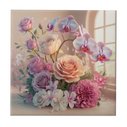 3D Spring Flowers Wenskaart met Rozen Tegeltje (Voorkant)