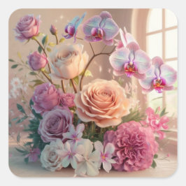 3D Spring Flowers Wenskaart met Rozen Vierkante Sticker