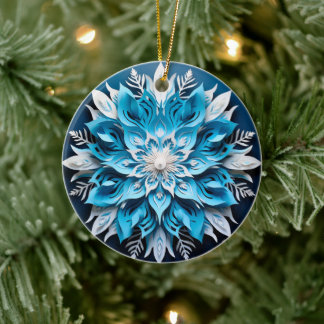 3D Stijl Blauw Wit Bloem Kerstvakantie Keramisch Ornament