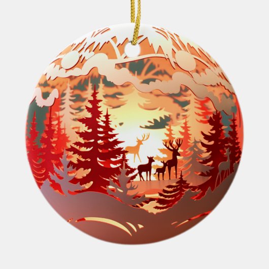 3D Stijl Herten in Bos Land Kerstvakantie Keramisch Ornament (Voorkant)