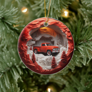 3D Stijl Rode Pickup Vrachtwagen Kerstvakantie Keramisch Ornament