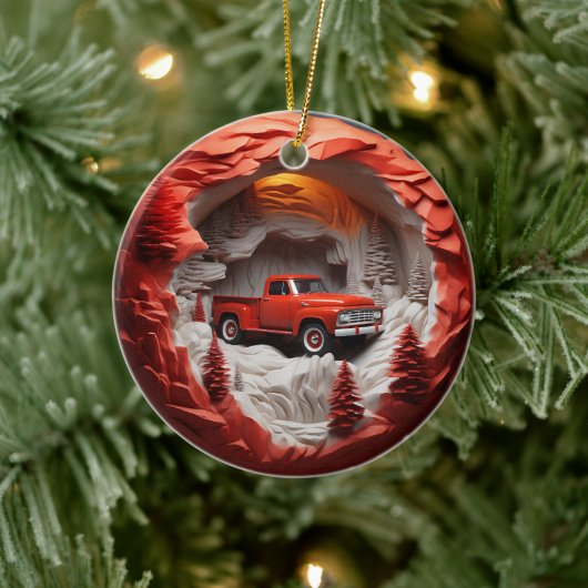 3D Stijl Rode Pickup Vrachtwagen Kerstvakantie Keramisch Ornament (Boom)